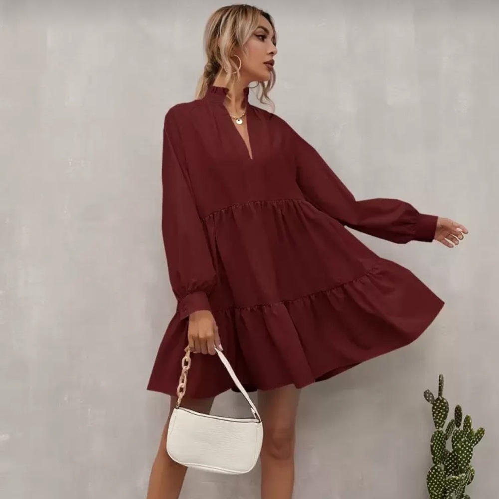Neck Smock Burgundy Long Sleeve Dress - Picture 3 of 7